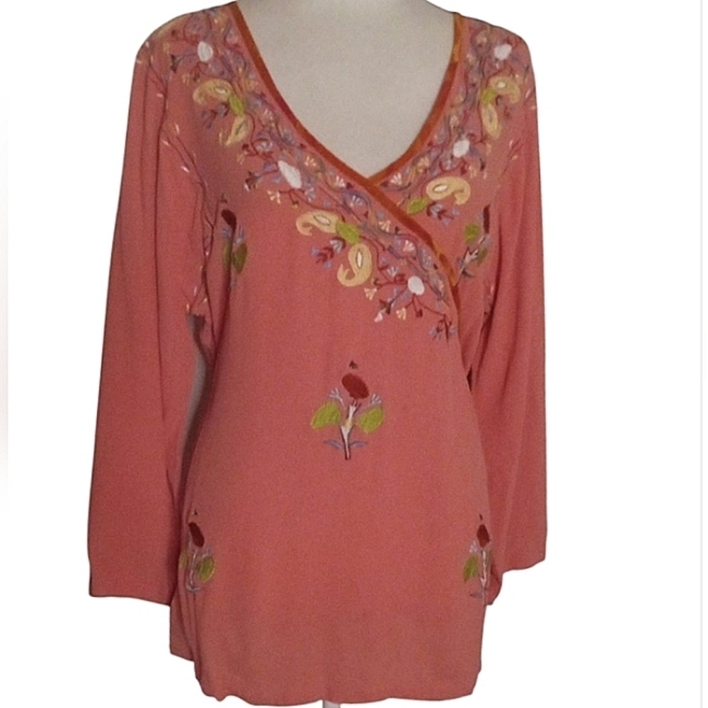 Soft Surroundings Multicolor Embroidered Faux Wrap Blouse Lightweight Size Large